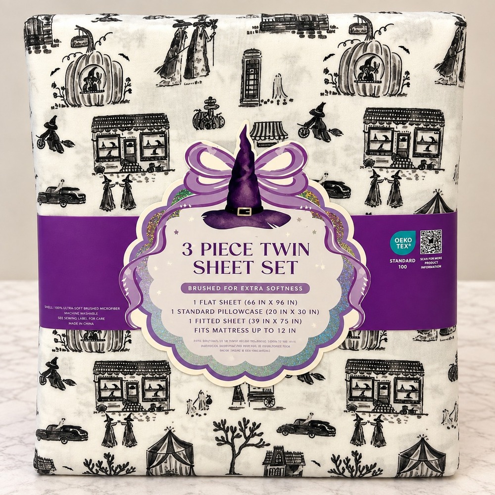 Halloween Witch Ghost Pumpkin Toile 3 Piece Twin Sheet Set Spooky Fall Seasonal